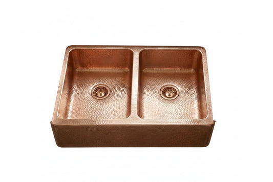 Double Bowl Copper Kitchen Sink Front Apron-Jett - Brasska