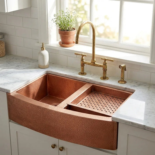 Double-Bowl Hammered Copper Farmhouse Kitchen Sink - Kova - Brasska