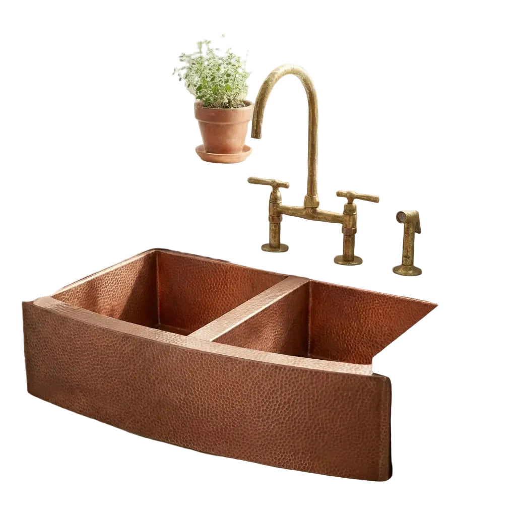 Double-Bowl Hammered Copper Farmhouse Kitchen Sink - Kova - Brasska