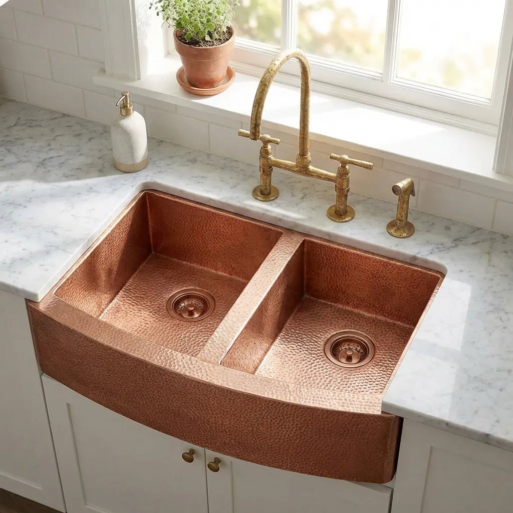 Double-Bowl Hammered Copper Farmhouse Kitchen Sink - Kova - Brasska