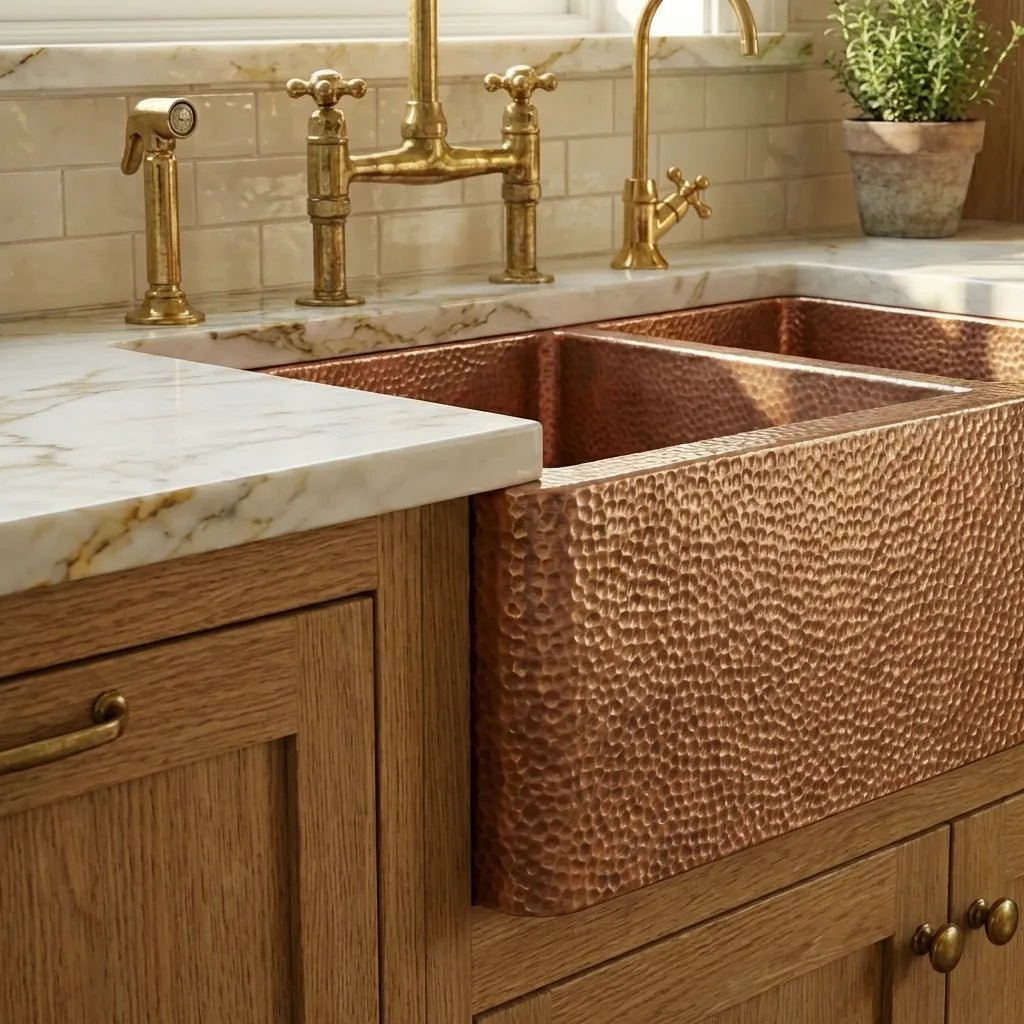 Double-Bowl Hammered Copper farmhouse sink - Small Bowl Right -Solara - Brasska