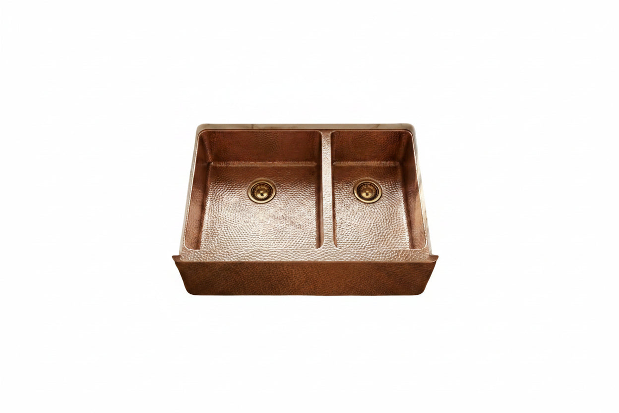 Double-Bowl Hammered Copper farmhouse sink - Small Bowl Right -Solara - Brasska