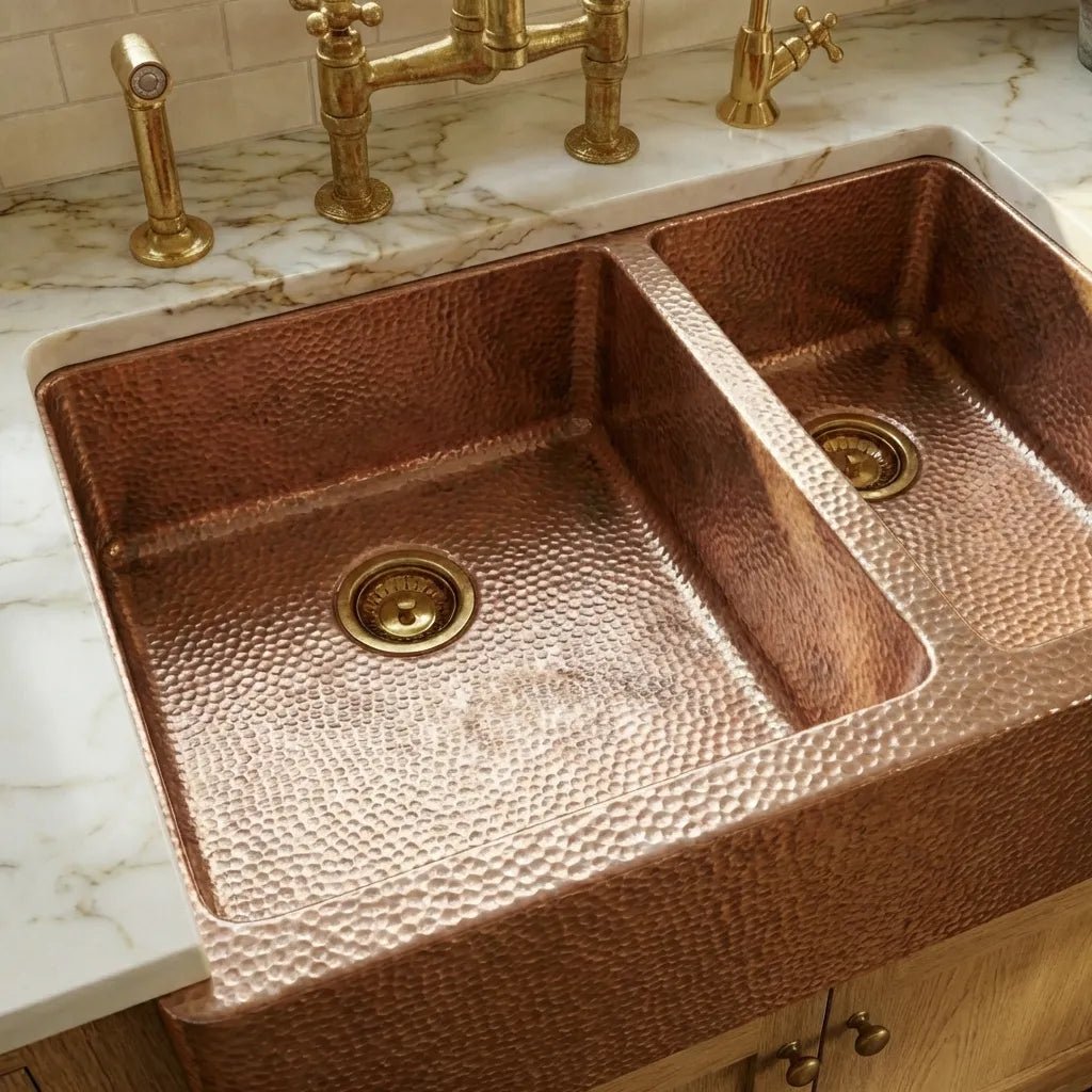 Double-Bowl Hammered Copper farmhouse sink - Small Bowl Right -Solara - Brasska