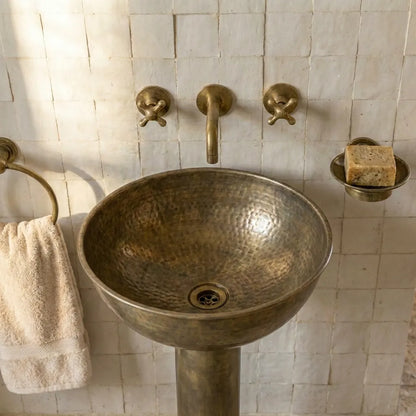 Vintage Hammered Patina Brass Pedestal Sink