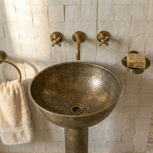 Vintage Hammered Patina Brass Pedestal Sink