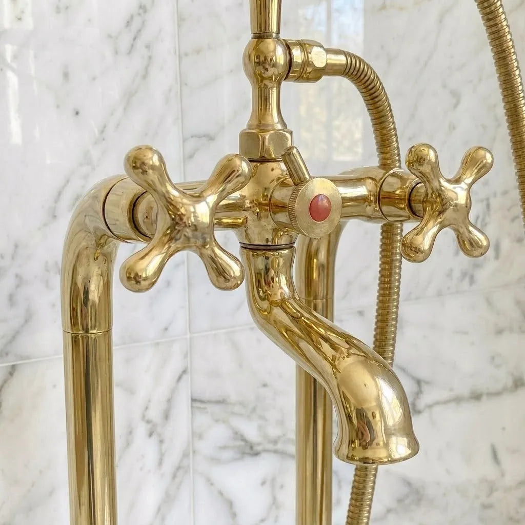 Luxury Unlacquered Brass Tub Filler – Floor Standing Bathtub Faucet Set