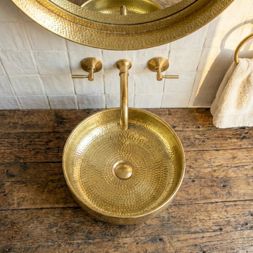 Hand-Hammered Unlacquered Brass Vessel Sink – Round Artisan Bathroom Basin