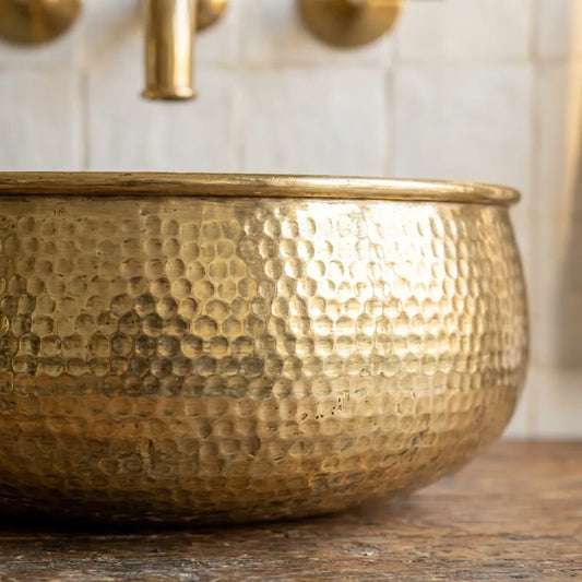 Hand-Hammered Unlacquered Brass Vessel Sink – Round Artisan Bathroom Basin