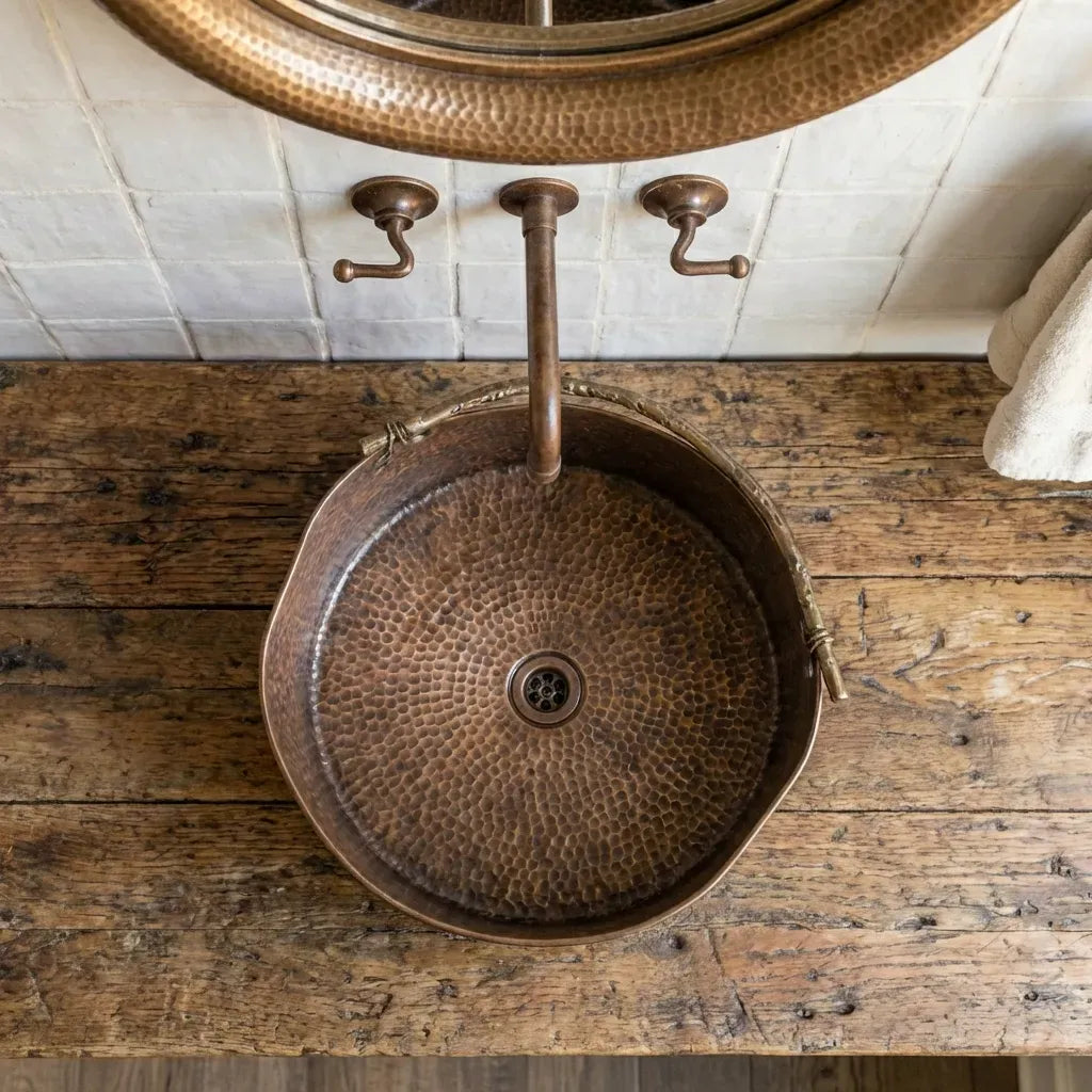 Rustic Brass Vessel Sink – Hand Hammered Round Aged Bathroom Basin