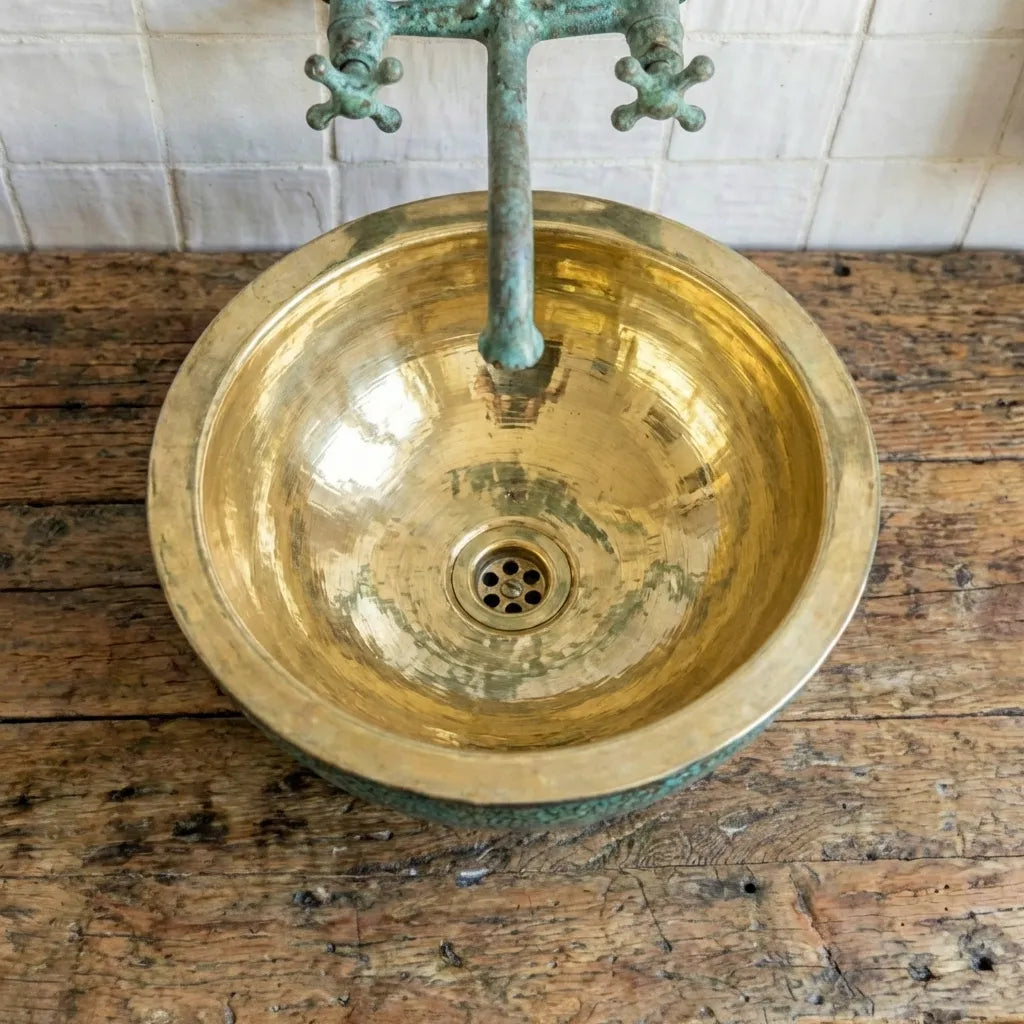 Round Hammered Verdigris Brass Washbasin with Wall-Mount Faucet