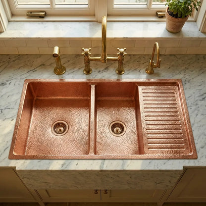 Drop-In Double Bowl Copper Kitchen Sink With Wringer-Vexa