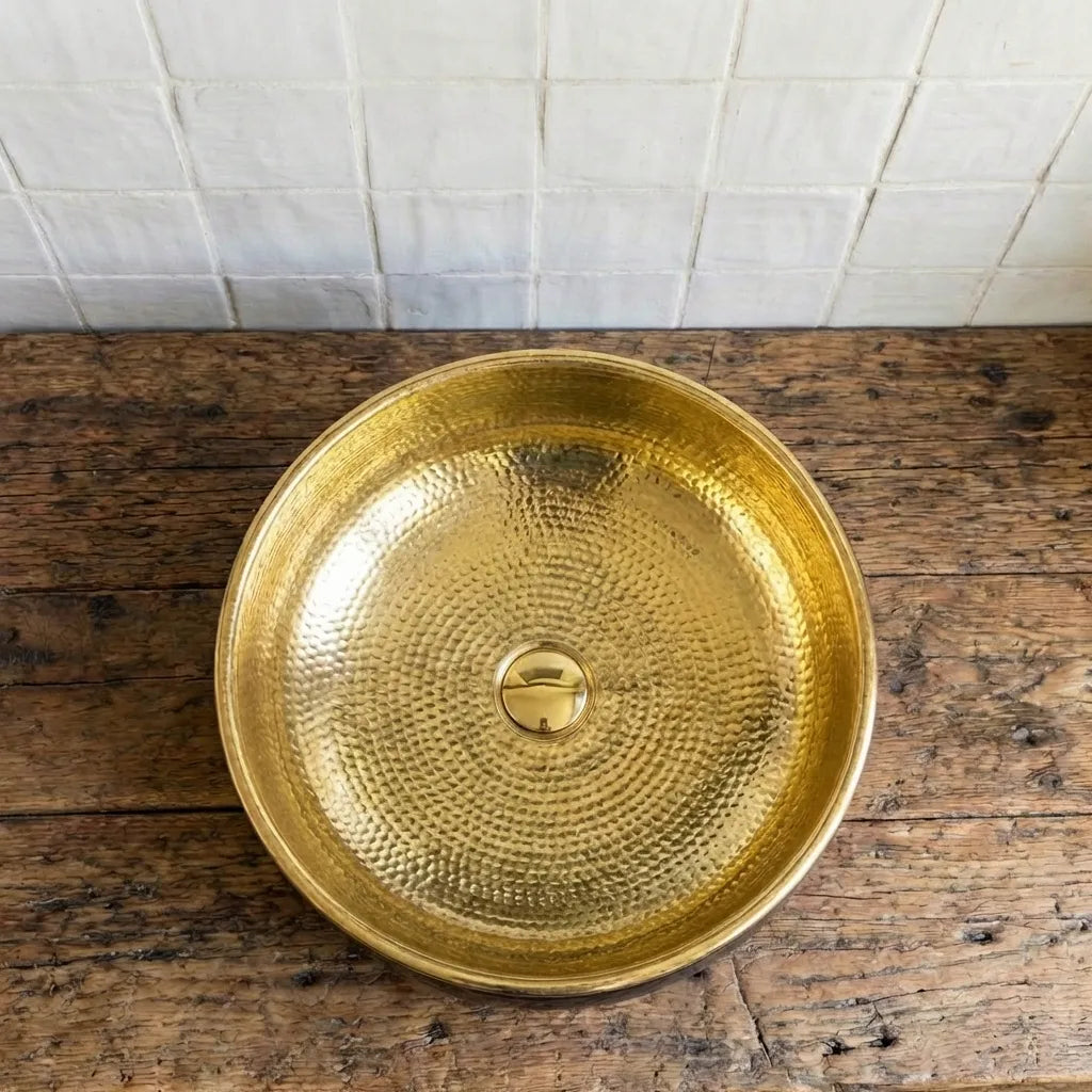 Hand-Hammered Blackened Brass Vessel Sink – Gold Interior Artisan Bathroom Basin