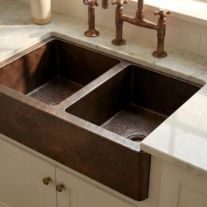 Hammered Copper Double Bowl Farmhouse Sink - Nocturn