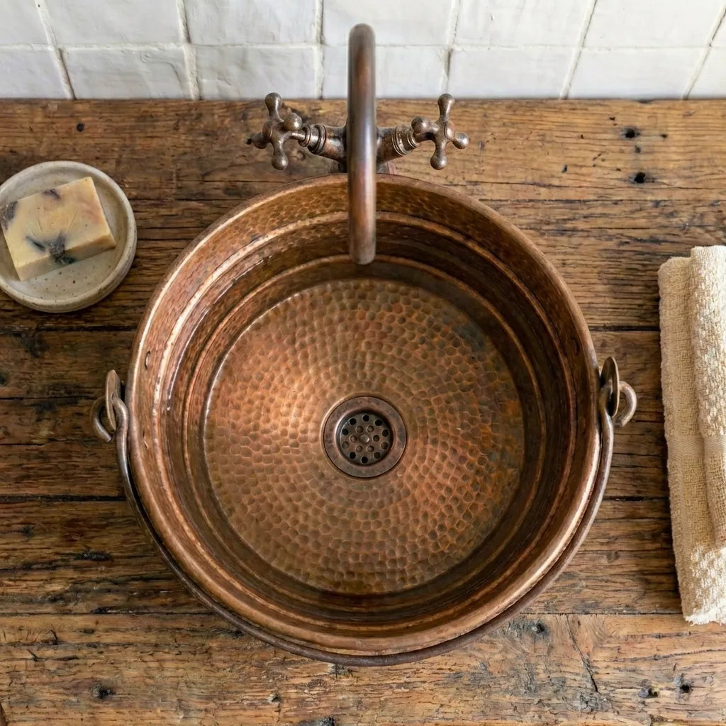 Aged Copper Hammered Bucket Bathroom Sink