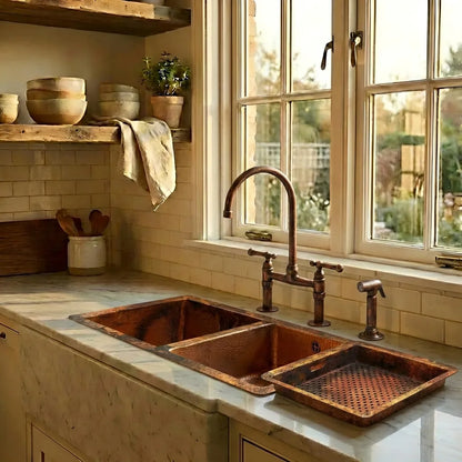 Hammered Double Bowl Copper Undermount Kitchen Sink - Zeta