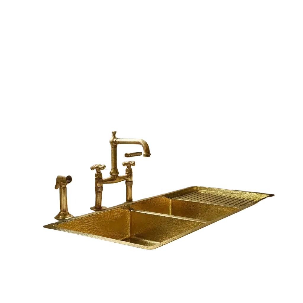 Drop-In Double Bowl Brass Kitchen Sink With Drainboard-Vexa - Brasska