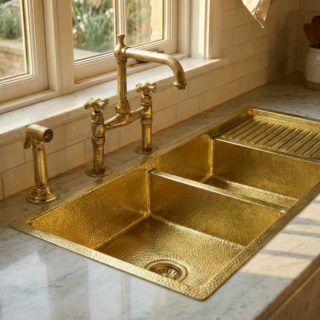 Drop-In Double Bowl Brass Kitchen Sink With Drainboard-Vexa - Brasska