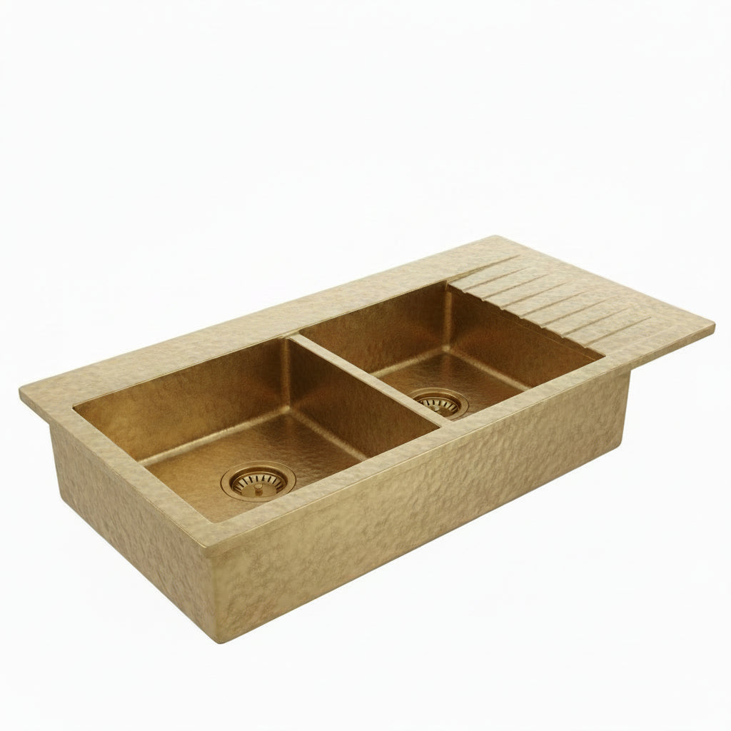 Drop-In Double Bowl Brass Kitchen Sink With Drainboard-Vexa - Brasska