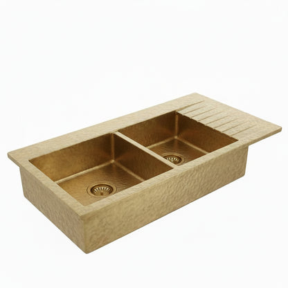Drop-In Double Bowl Brass Kitchen Sink With Drainboard-Vexa - Brasska