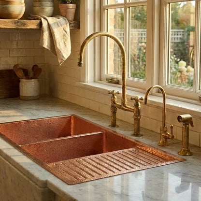 Drop-In Double Bowl Copper Kitchen Sink With Wringer-Vexa - Brasska