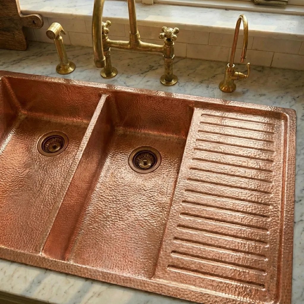 Drop-In Double Bowl Copper Kitchen Sink With Wringer-Vexa - Brasska