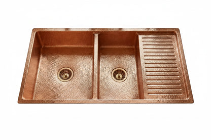 Drop-In Double Bowl Copper Kitchen Sink With Wringer-Vexa - Brasska