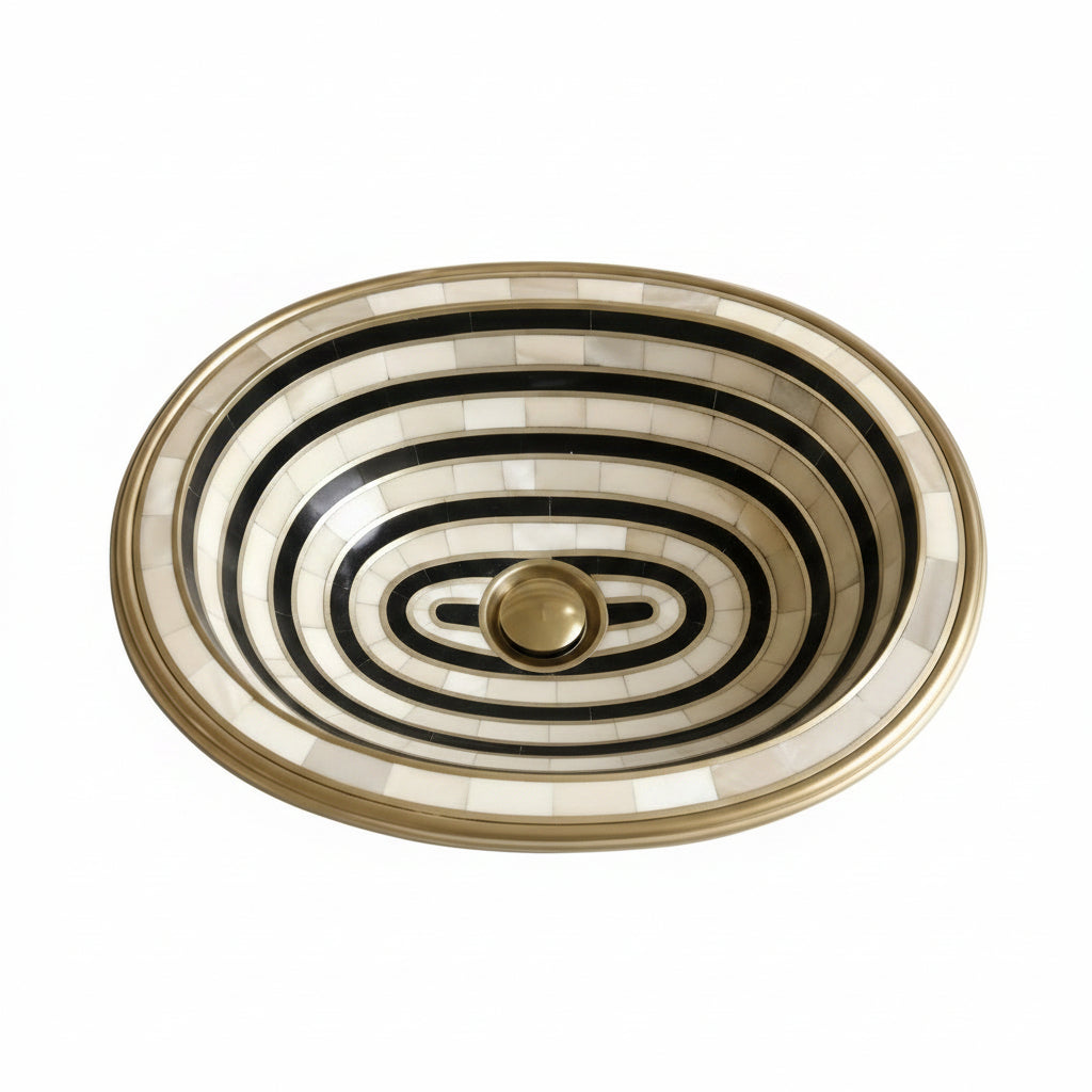 Elegant Handmade Brass Sink – Black & White Striped Art Basin, Luxury Bathroom Statement Piece - Brasska
