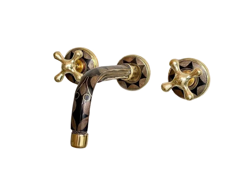 Elegant Wall-Mount Brass Faucet with Black Inlay – Handmade Unlacquered Brass Bathroom Fixture - Brasska