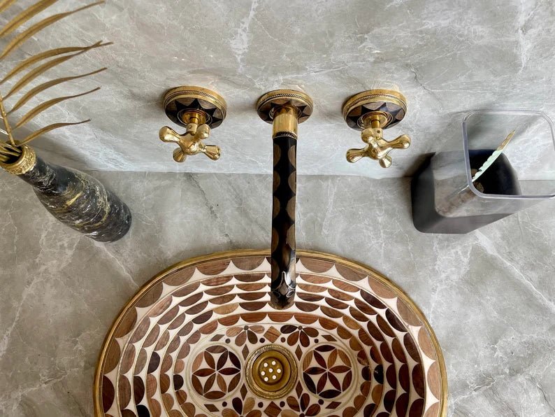 Elegant Wall-Mount Brass Faucet with Black Inlay – Handmade Unlacquered Brass Bathroom Fixture - Brasska