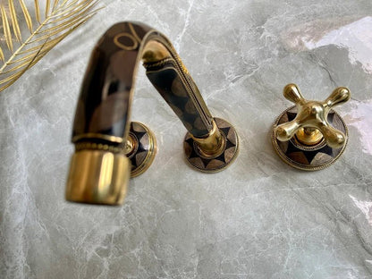 Elegant Wall-Mount Brass Faucet with Black Inlay – Handmade Unlacquered Brass Bathroom Fixture - Brasska