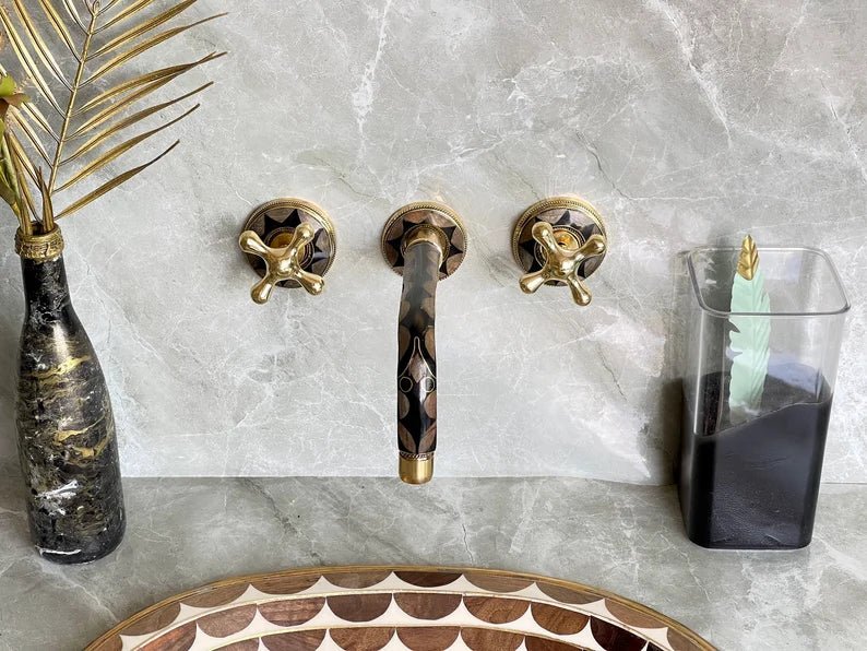 Elegant Wall-Mount Brass Faucet with Black Inlay – Handmade Unlacquered Brass Bathroom Fixture - Brasska