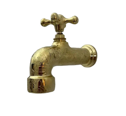 Engraved Brass Wall Faucet – Handmade Moroccan Unlacquered Brass Tap - Brasska