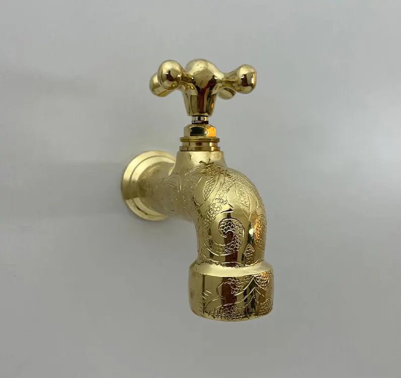 Engraved Brass Wall Faucet – Handmade Moroccan Unlacquered Brass Tap - Brasska