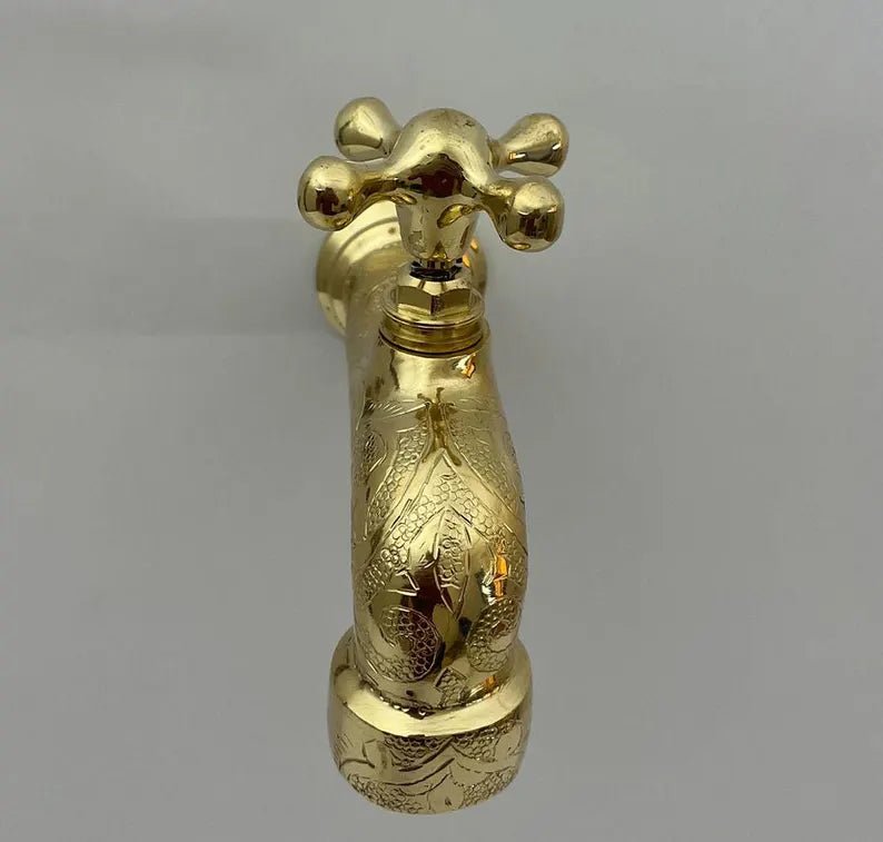 Engraved Brass Wall Faucet – Handmade Moroccan Unlacquered Brass Tap - Brasska