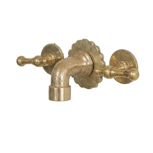 Engraved Brass Wall Faucet Vanity with Lever Handles - Sink Tap - Brasska