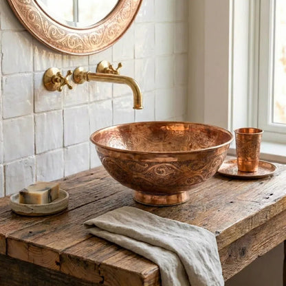 Engraved Copper Vessel Sink – Handmade Round Bathroom Vanity Basin - Brasska