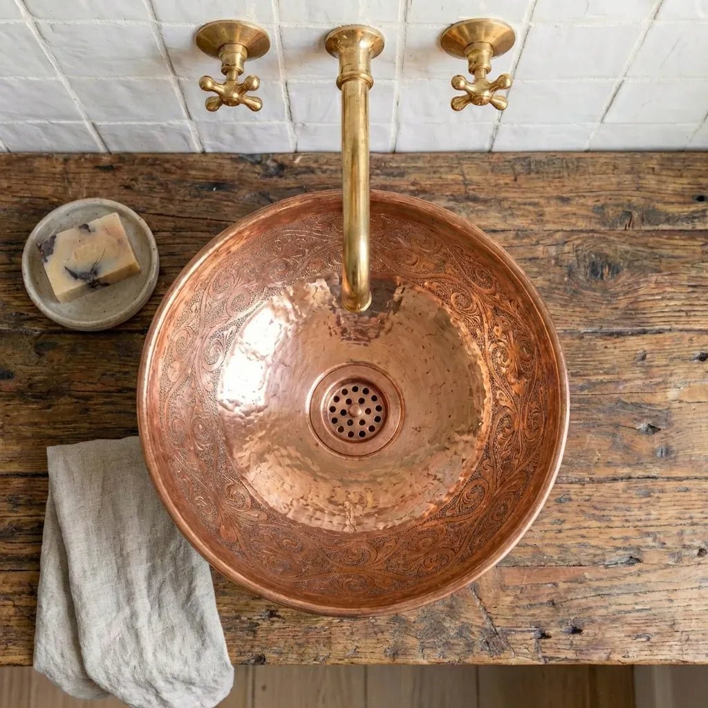 Engraved Copper Vessel Sink – Handmade Round Bathroom Vanity Basin - Brasska