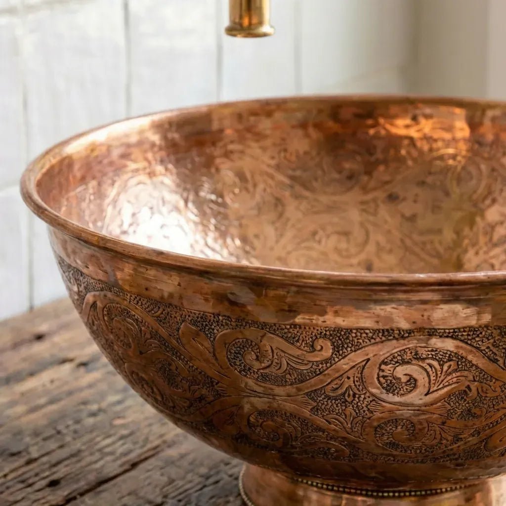 Engraved Copper Vessel Sink – Handmade Round Bathroom Vanity Basin - Brasska