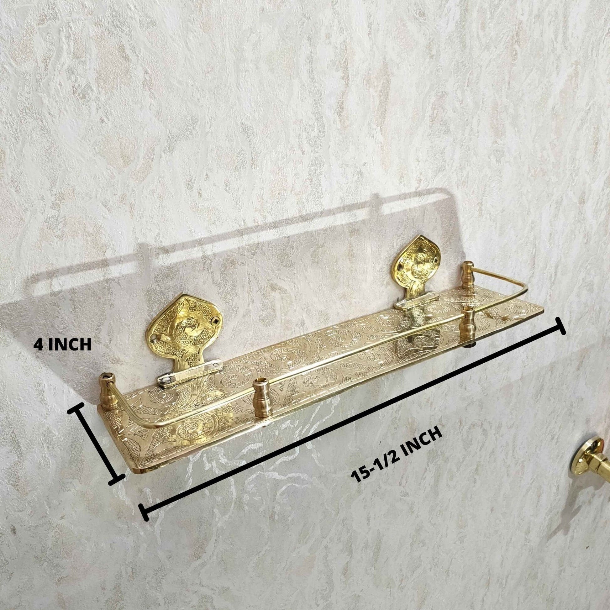 Engraved Solid Brass Wall Bathroom Shelf, Small Bathroom Shelf - Brasska