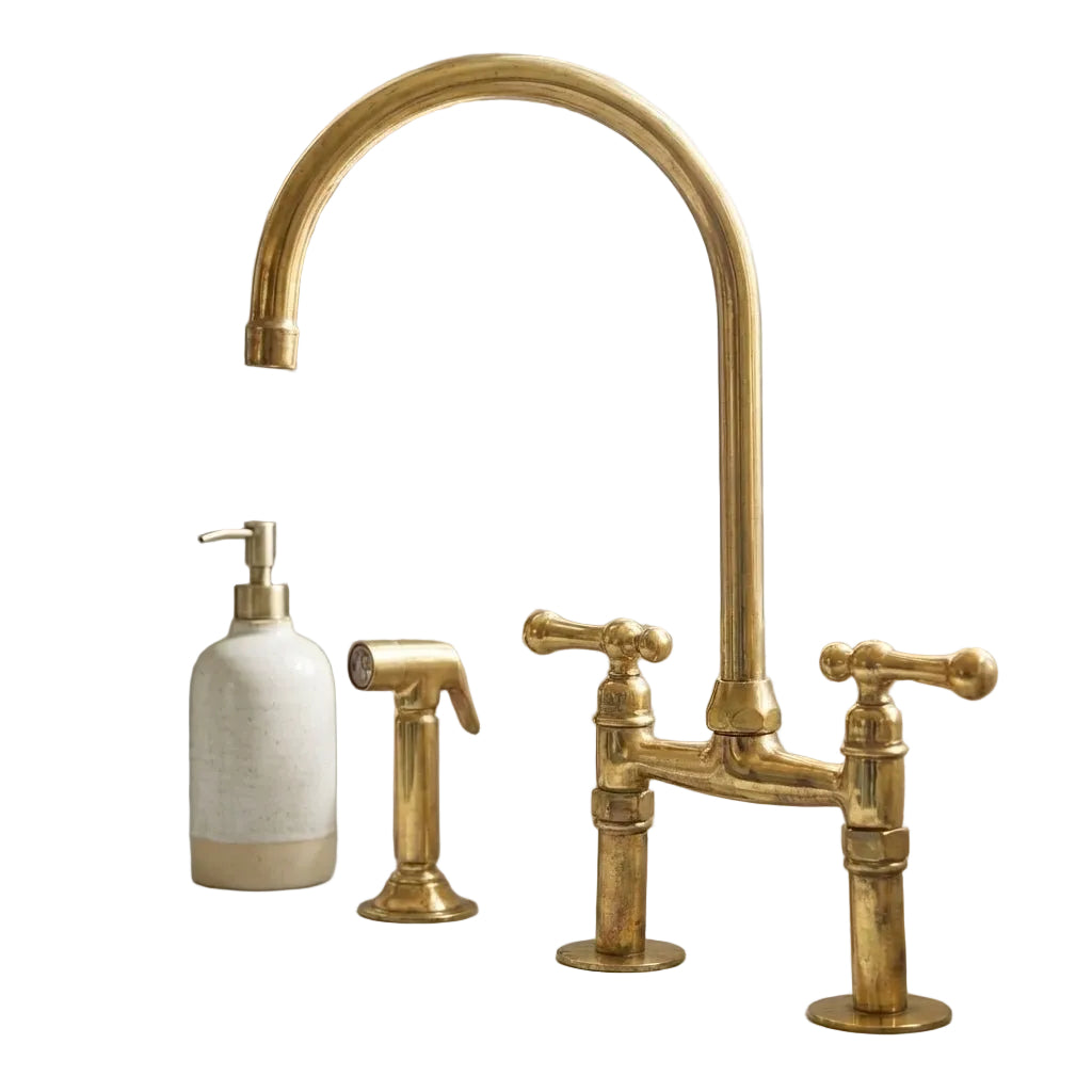 Farmhouse Unlacquered Brass Bridge Faucet with Dual Lever Handles - Brasska