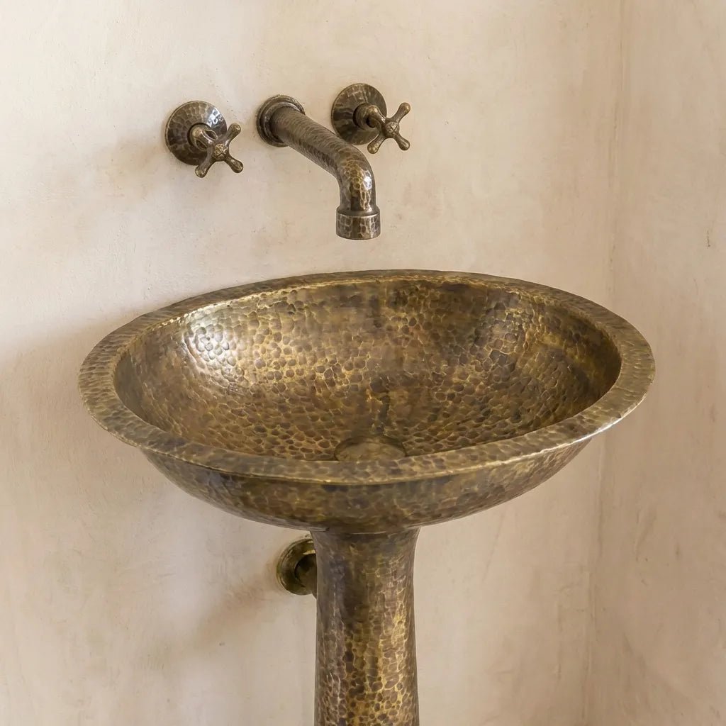 Freestanding Vintage Patina Brass Pedestal Sink – Handmade Old-World Bathroom Sink - Brasska