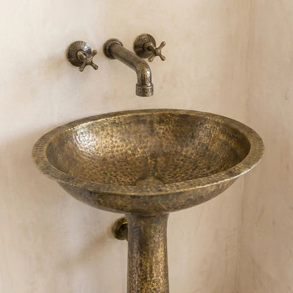 Freestanding Vintage Patina Brass Pedestal Sink – Handmade Old-World Bathroom Sink - Brasska