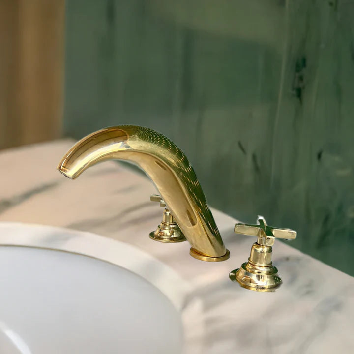 Handmade Brass Widespread Bathroom Faucet – Curved Spout with Cross Handles