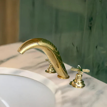 Handmade Brass Widespread Bathroom Faucet – Curved Spout with Cross Handles