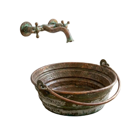 Green Patina Copper Bucket Sink – Handmade Round Vessel Basin with Handles - Brasska