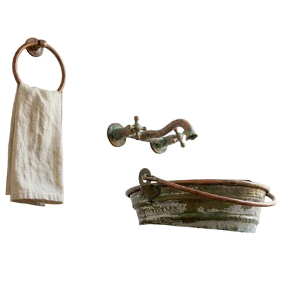 Green Patina Copper Bucket Sink – Handmade Round Vessel Basin with Handles - Brasska