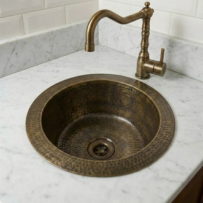 Hammered Antique Brass Bar Sink – Solid Round Drop-In Prep Sink with Aged Patina Finish - Brasska