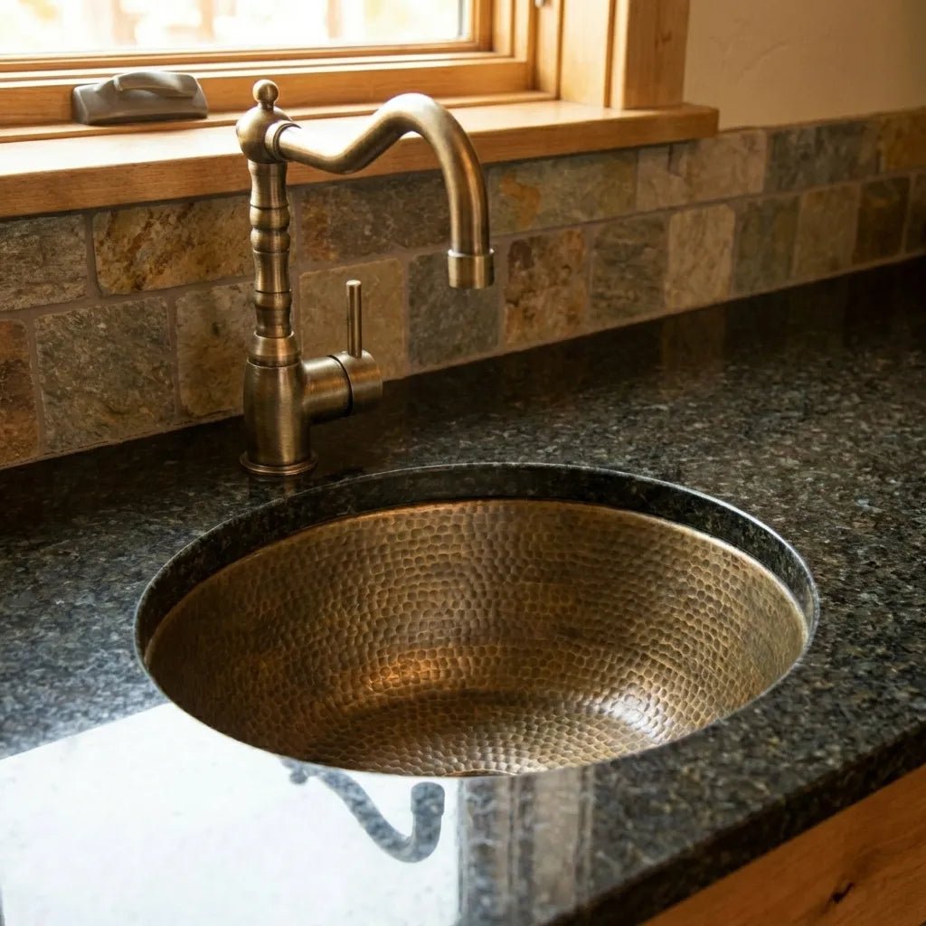 Hammered Antique Brass Bar Sink – Solid Round Drop-In Prep Sink with Aged Patina Finish - Brasska