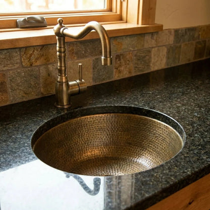 Hammered Antique Brass Bar Sink – Solid Round Drop-In Prep Sink with Aged Patina Finish - Brasska
