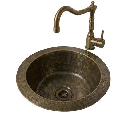 Hammered Antique Brass Bar Sink – Solid Round Drop-In Prep Sink with Aged Patina Finish - Brasska